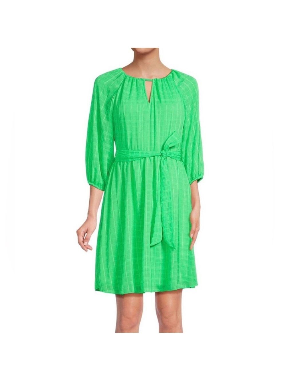 DKNY Green Metallic Check Keyhole Balloon Sleeve Belted Dress Small EUC